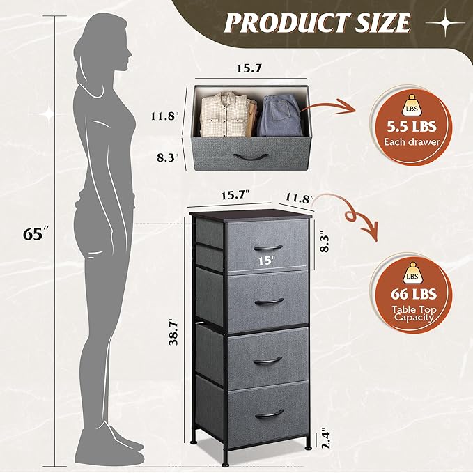 WLIVE Dresser with 4 Drawers, Storage Tower, Organizer Unit, Fabric Dresser for Bedroom, Hallway, Entryway, Closets, Sturdy Steel Frame, Wood Top, Easy Pull Handle, Dark Grey