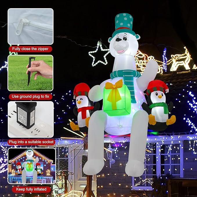 8 FT Polar Bear Inflatable Decoration Sitting on Roof with LED Lights and Kaleidoscope Lights, Suitable for Holiday Celebration Decorations on Yard, Lawn and Patio