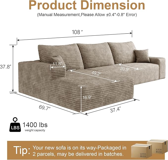 108" Sectional Couches for Living Room Modern Modular Sofa with L-Shape Couchs Upholstered Boneless Couch Deep Seat Sectional Couch with Chaise (Camel, Left Facing Chaise+2Seaters)