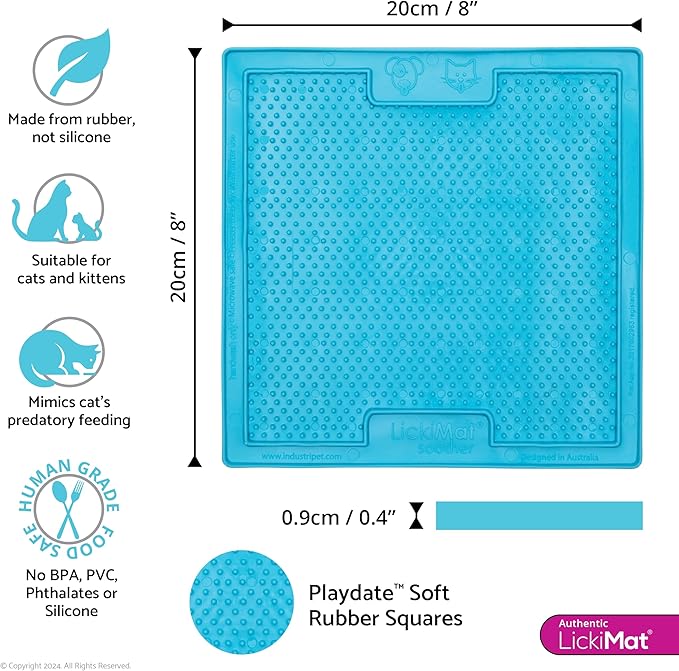 LickiMat Classic Soother, Cat Slow Feeder Lick Mat, Boredom Anxiety Reducer; Perfect for Food, Treats, Yogurt, or Peanut Butter. Fun Alternative to a Slow Feed Cat Bowl or Dish, Turquoise