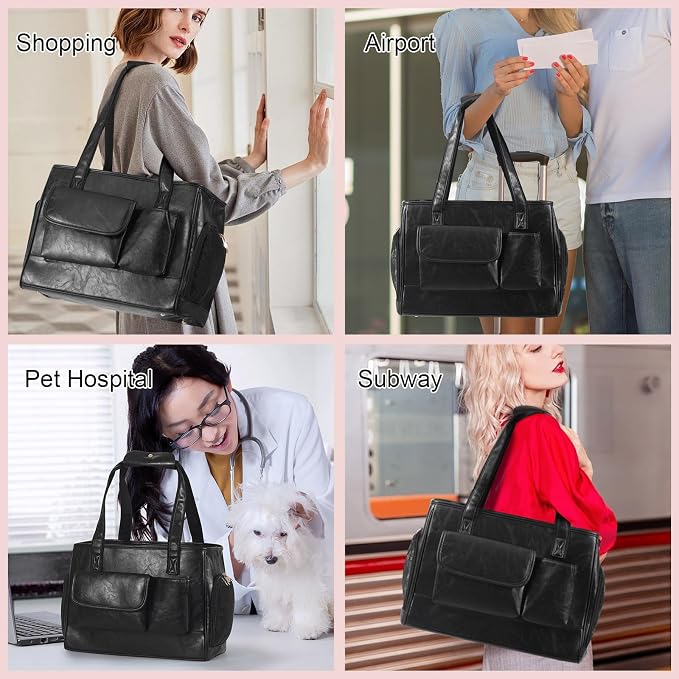 Dog Carrier Purse, Fashion Leather Pet Carrier Bag, Airline Approved Soft Sided Cat Travel Tote Bag with Pockets Black