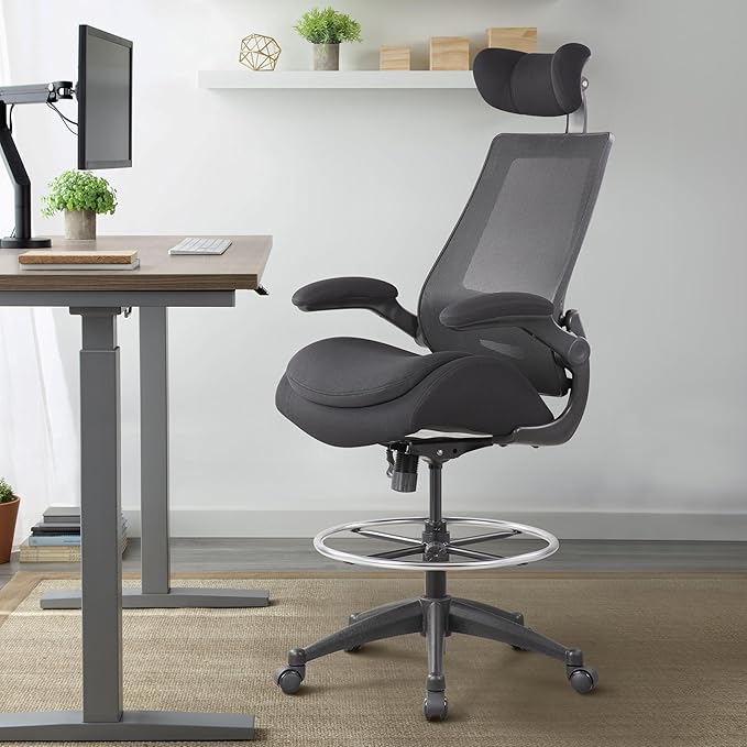 BOLISS 400lbs High Back Computer Office Drafting Chair Double Seat-Cushion Flip up Armrests Lumbar Support Adjustable Big Footrest Ring (Black)
