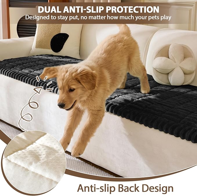 FUANGUI Waterproof Couch Cover Sofa Cover for Dogs and Pets Sofa Protector | Non-Slip Washable Fuzzy Soft Cat Bed Sofa Slipcover for 2-3 Cushion Couch Sofa Pet Friendly, Black, 27.6" x 94.5", 1 pcs