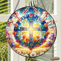 Stained Glass Window Hanging, 7.8″ Cross and Flower Sun Catchers with Hook Indoor Window Decor, Decorative Suncatchers Hanging Ornaments Home Garden Art Gift for Housewarming