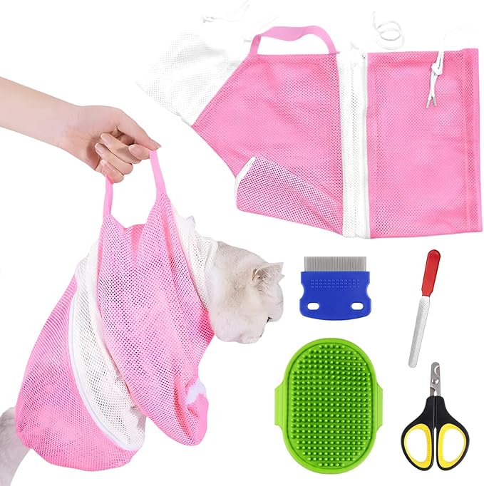 FANOVO Cat Bathing Bag, Anti-Scratch & Anti-Bite Adjustable Mesh Cat Shower Bag with Nail Clipper, Grooming Comb, Bath Brush & Nail File, Breathable Cat Washing Bag for Bathing, Nail Trimming