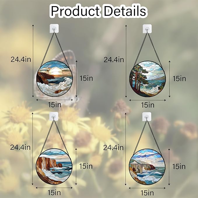 Stained Glass Window Hanging 4 Pcs Set Ocean Waves Large 15" - Blue and White Sea Suncatcher Door Garden Sun Catcher Decor Birthday Christmas for Mom Woman Nana Men