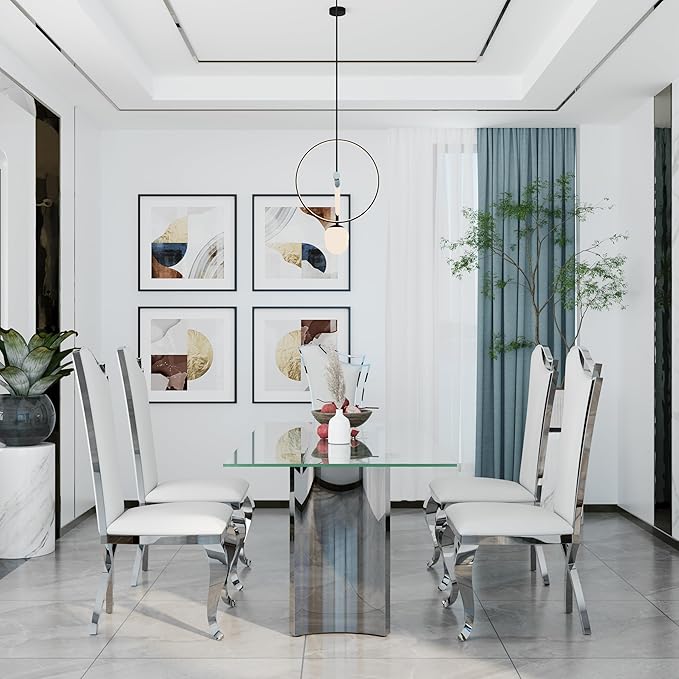 Asday Glass Dining Table, 70 inch Rectangular Dining Room Table, Double Pedestal Dining Table with Clear Tempered Glass Top and Mirrored Silver Trestle Base