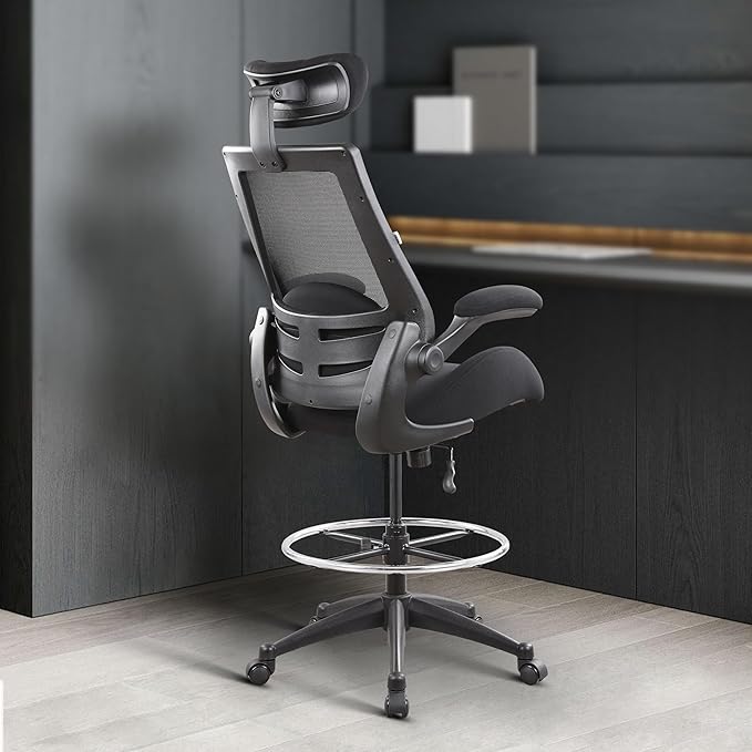 BOLISS 400lbs High Back Wide Comfortable Office Drafting Chair with Flip up Armrests Lumbar Support Adjustable Big Footrest Ring(Black)
