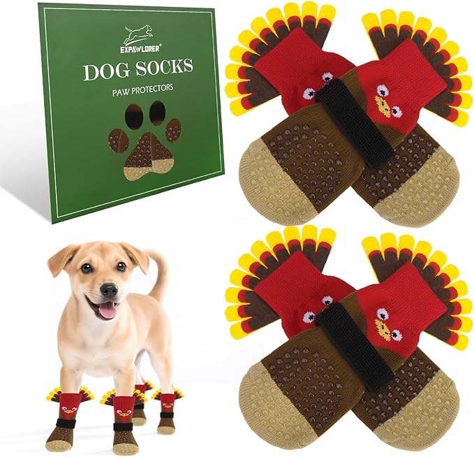 EXPAWLORER Thanksgiving Anti Slip Dog Socks to Prevent Licking Paws,Boots & Paw Protectors with Grippers,Doggie Booties for Hardwood Floors for Small Medium Large Senior Dogs Lifelike Costume Turkey S