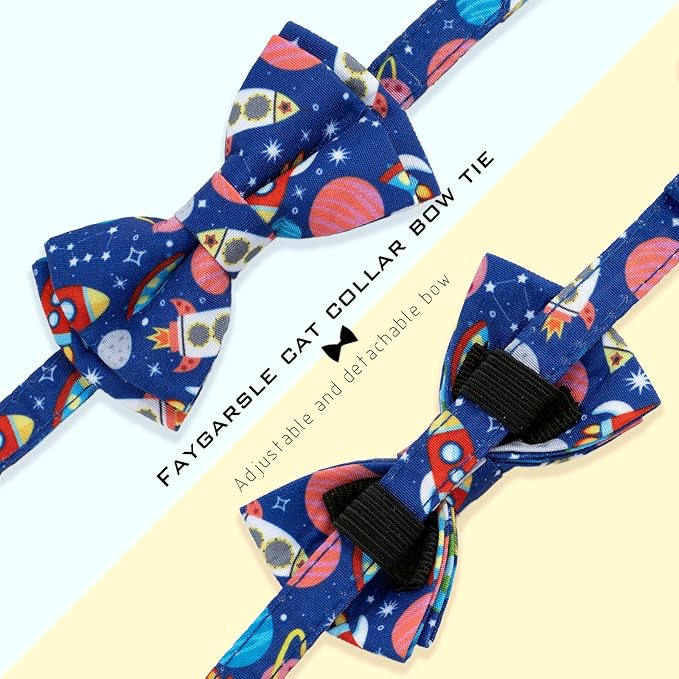 Faygarsle 2 Pack Space Theme Cat Collar Set with Bandana and Bow Tie, Breakaway Safety Buckle, Navy Blue with Rockets
