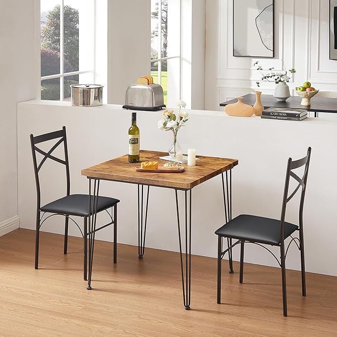 VECELO 3-Piece Dining Table Set for Home Kitchen Small Space Breakfast Nook, 2 Faux Leather Metal Frame Chairs,Brown,Set for 2