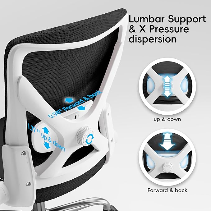 Office Home Ergonomic Desk Chair-Computer X-Shaped Chair Mesh PU Leather with Adjustable Lumbar Support-Executive Chair High Back Flip-Up Arms for Long Hours (Light Black-No Headrest)