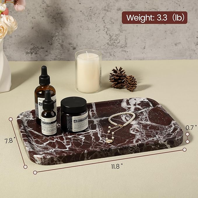 Marble Vanity Tray, 11.8in Stone Bathroom Tray for Countertop, Red Decorative Tray for Dresser Organizer, Luxury Serving Tray for Kitchen, Storage Dish for Kitchen Sink, Perfume, Jewelry Holder