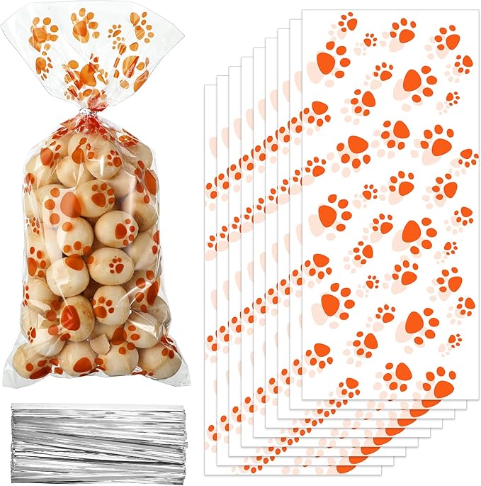 Blulu 100 Pieces Dog Treat Bags Puppy Party Favor Pet Paw Cone Cellophane Bags Candy Heat SealableDog Paw Gift with 100 Pieces Silver Twist Ties for Pet Cat Treat Party Favor(Orange)