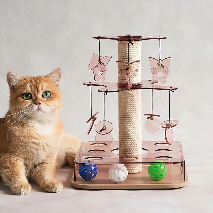 Modern 3-in-1 Interactive Cat Toy with Scratching Post, Cat Puzzle Toys for Indoor Cats with Colorful Jingle Balls, 2-Layer Spinning Teaser Disc with Dangling Toys, Acrylic, Pink