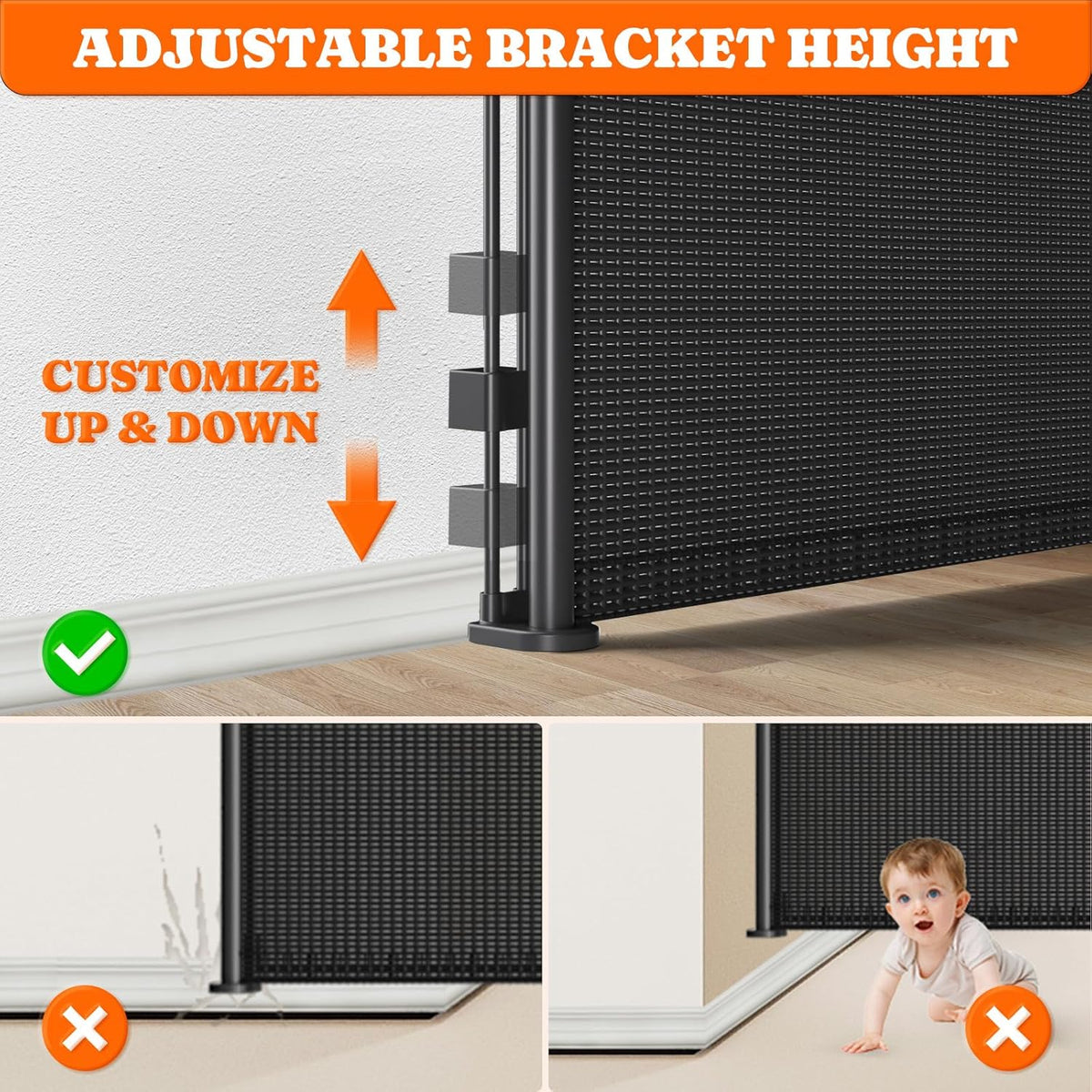Pawtners Retractable Baby Gates Extra Wide, 41" Tall Extends up to 71" Wide, Dog Gate Indoor for Stairs, Pet Gate with Support Rods for Doorways Hallways Indoor & Outdoor-Black