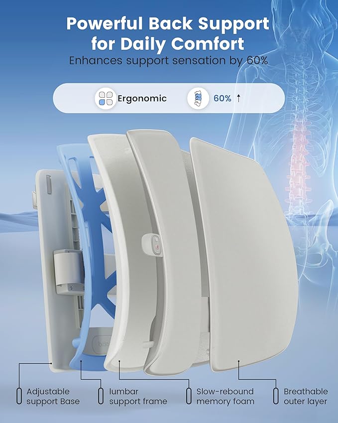 Beleduc Heated Lumbar Support Pillow for Office Chair- Back Support Pillow with Vibration Massage, Ergonomic Back Massager for Chair, Adjustable Height, 2 Heating Levels, Gifts