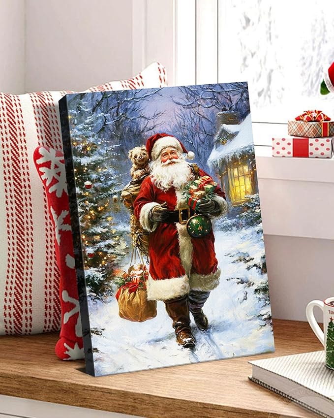 Vintage Santa Claus Christmas Canvas Wall Art - Festive Holiday Painting for Living Room,Bedroom & Bathroom, Cozy Winter Decor Framed Print, Perfect Christmas Gifts & Home Decoration