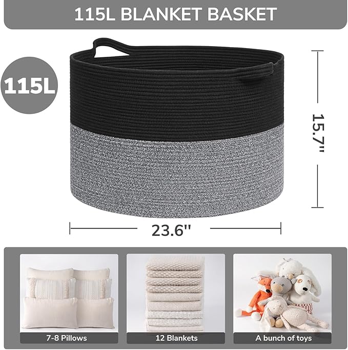 INDRESSME 115L Extra Large Cotton Rope Blanket Basket, Woven Basket for Toy Storage Organizer & Laundry Toy Box for Living Room Area & Nursery Room, Black & Grey