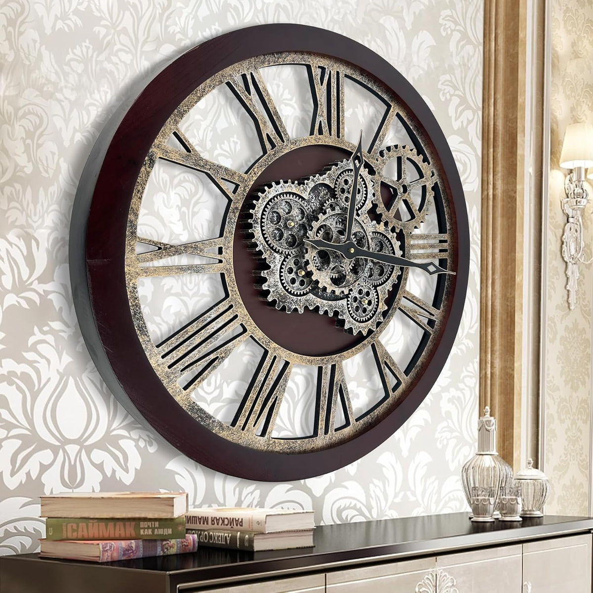 HOIBAI Large Wall Clock, Wall Clocks for Living Room Decor 30 Inch Farmhouse Vintage Rustic Kitchen Wall Decor Vintage Roman Oversized Wall Clock for Home Bedroom House, Moving Gears Clock