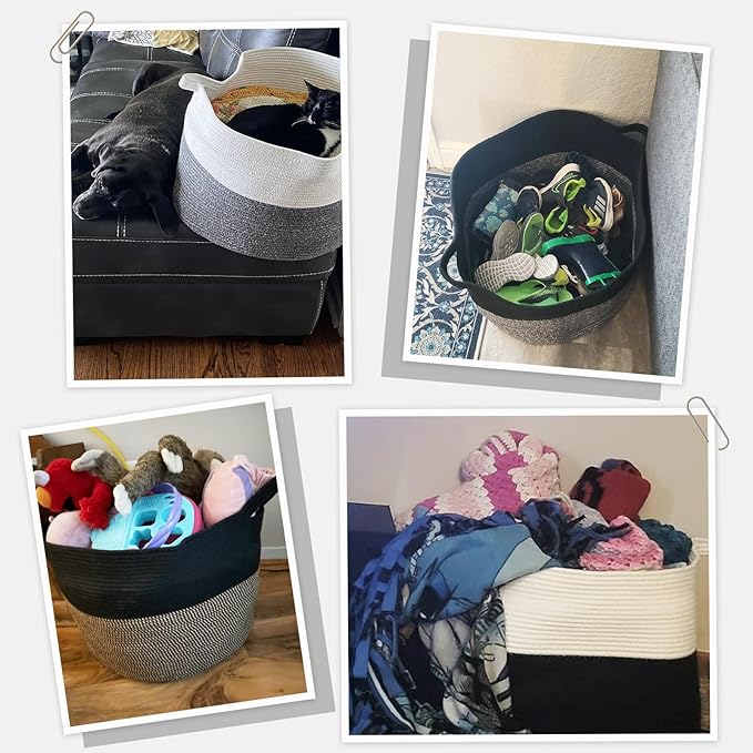 INDRESSME Large Cotton Rope Baskets for Storage, 21.7 x 13.8 Blanket Storage for Living Room Toy Baskets Kids, Baby Laundry Basket for Dirty Clothes, Pillows, 90L White & Black