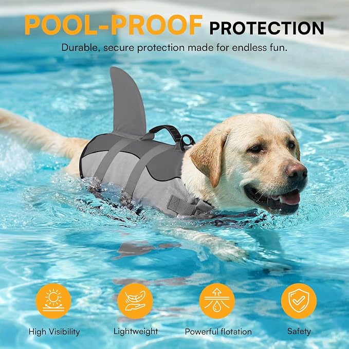 Dog Life Jacket Ripstop Shark Dog Safety Vest Adjustable Preserver with High Buoyancy and Durable Rescue Handle for Small,Medium,Large Dogs, Grey Shark Large