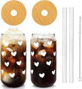 Mason Life Iced Coffee Cups, Can Shaped Glass Cups, 20 OZ Hearts Cup Beer Glass, Love Can Couple Drinking Glasses, Glass Cup with Bamboo Lids and Straws Valentines Cups Gifts- 2 Sets