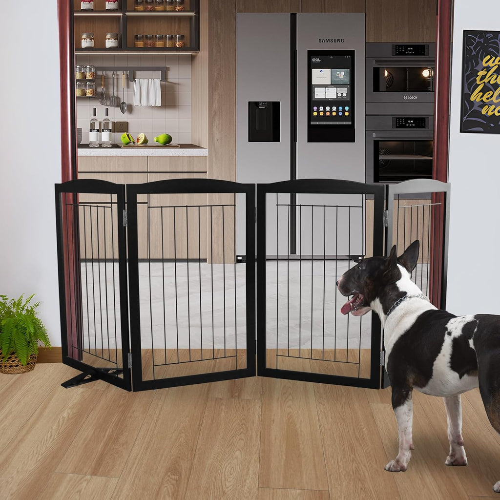 ZJSF Freestanding Dog Fence Indoor, Foldable Dog Gate for Doorways, Stairs or Hallways, Sturdy Wood Extra Wide Pet Gate with Support Feet for The House, Black, 32 "Height-4 Panels
