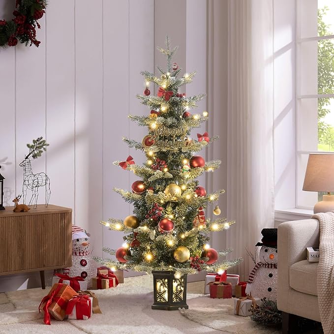 Small Pre-Lit Christmas Tree with LED Lights - 3.5 FT Snow Flocked Ariticifial Tree with Vintage Snowflake Base, Battery Operated & Auto Timer for Home Office Xmas Decor
