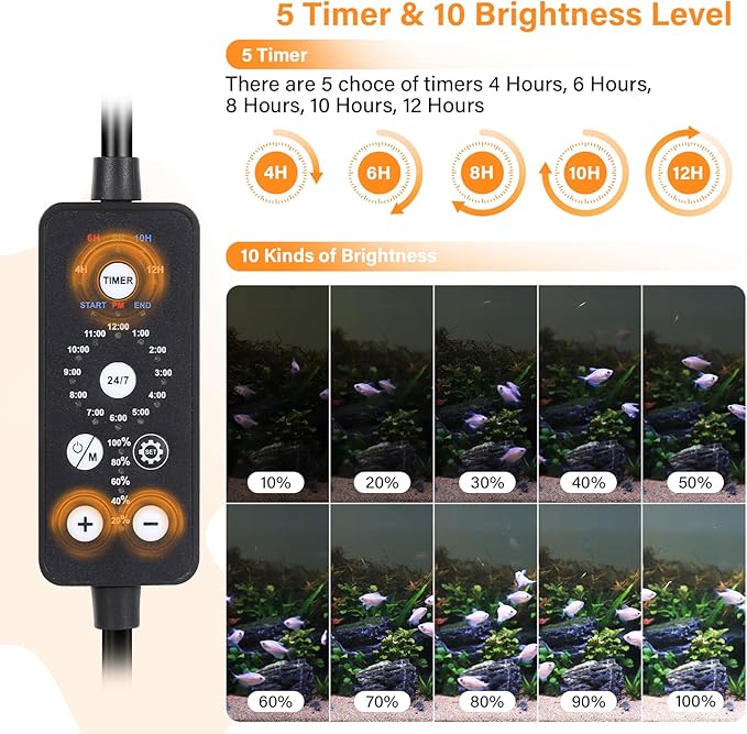 hygger Submersible LED Aquarium Light, 14W 15in 24/7 Mode Fish Tank Light with 5 Rows Beads, with Timer 9 Colors and Adjustable Brightness, Full Spectrum IP68 Waterproof Light for Fish Tank 16-27 inch