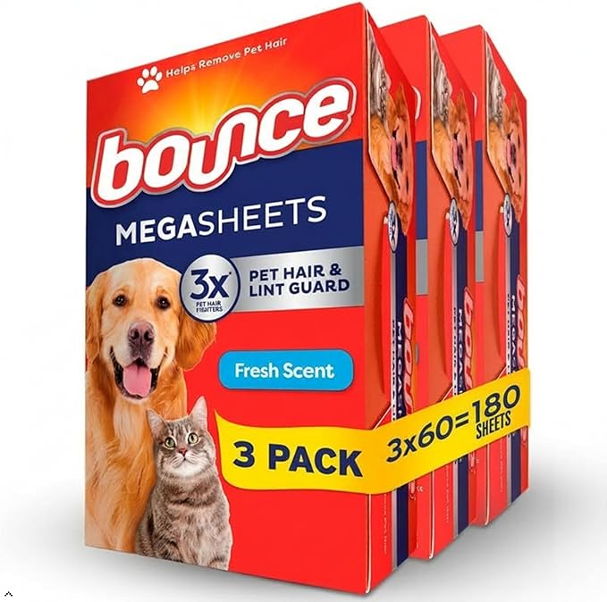 Bounce Pet Hair and Lint Guard Mega Dryer Sheets with 3X Pet Hair Fighters, Fresh Scent, 180 Count