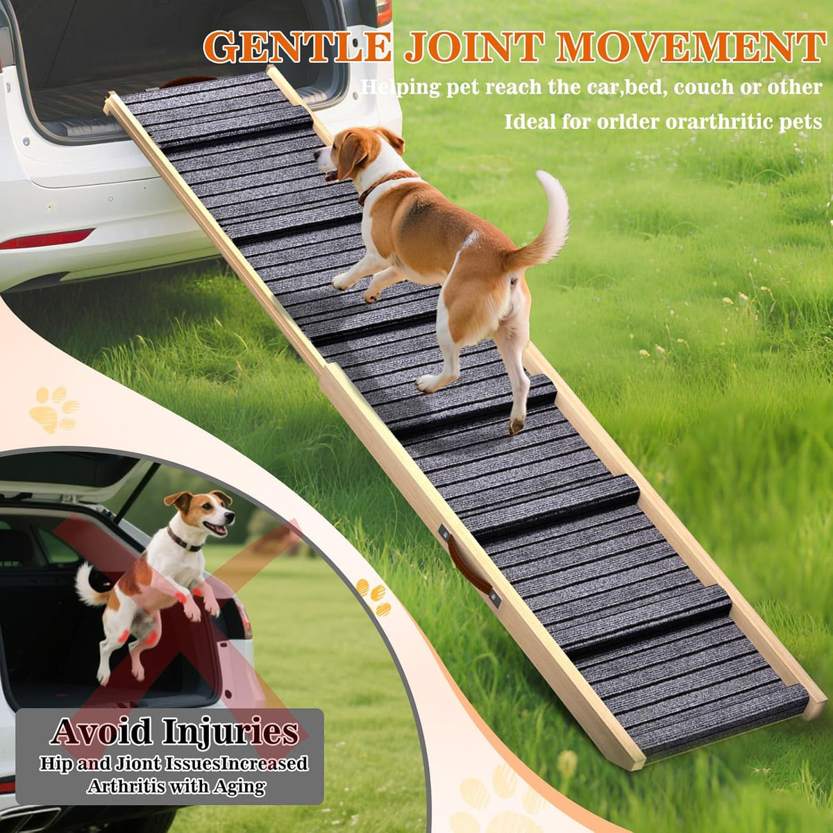 Dog Ramp for Car, 71''x 17'' Extra Long Deluxe Telescoping Design Wooden Pet Ramp, Pet Stair Ramps for Truck SUV with Non-Slip Surface, Portable Outdoor Dog Steps for Medium Large Dogs, Up to 250LBS