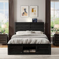 Wooden Bed Frame Full Size with Headboard & Sliding Barn Door Storage Footboard, Farmhouse Platform Bedframe with Charging Station, No Box Spring Needed, Black