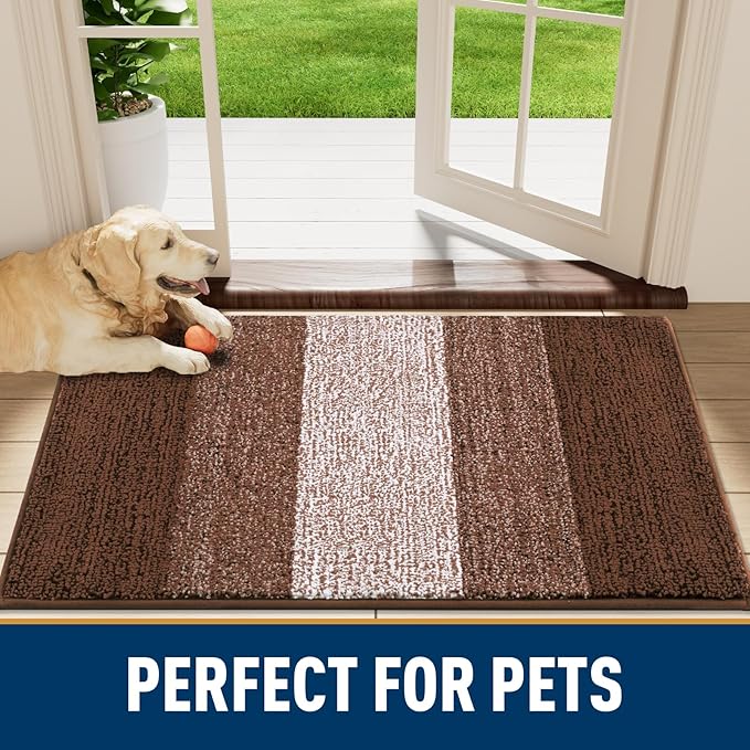 Smiry Dog Door Mat for Muddy Paws, Absorbs Moisture and Dirt, Low-Profile Entryway Mat with Non-Slip Backing, Entry Indoor Outdoor Doormat for Inside Floor (24x16 Inches, Brown, Striped)