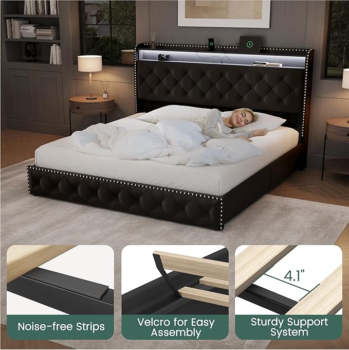 LARMACE King Size Bed Frame with 4 Storage Drawers Velvet Upholstered Tufted Bed Frame King Platform with LED Lights&USB Type-C Charging Station,Heavy Duty/No Box Spring Needed, Easy Assembly,Black