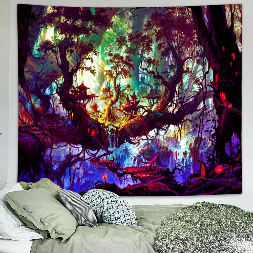 Delur Fantasy Forest Tapestry Mystical Landscape Magical Enchanted Forest Tree Nature Tapestry Psychedelic Wall Hanging Headboard for Bedroom Living Room Home Decor (51.2" x 59.1")