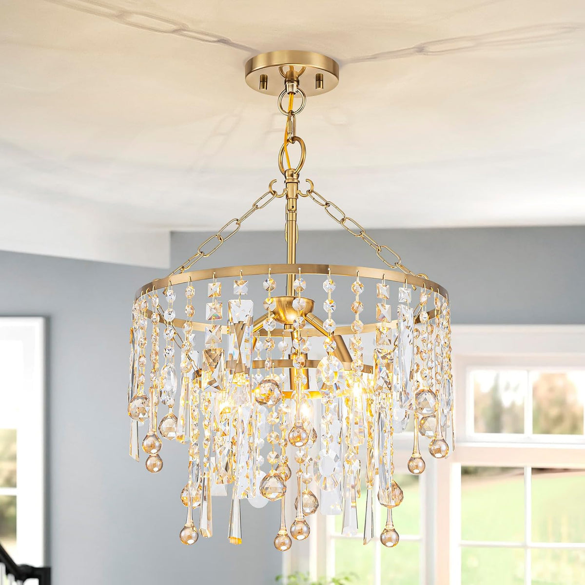 3-Lights K9 Crystal Chandeliers, Luxury Vintage Pendant Light Fixture for Dining Room, Living Room, D15*H20.4~66.8 inch (Adjustable), Clear Crystal & Gold Finish