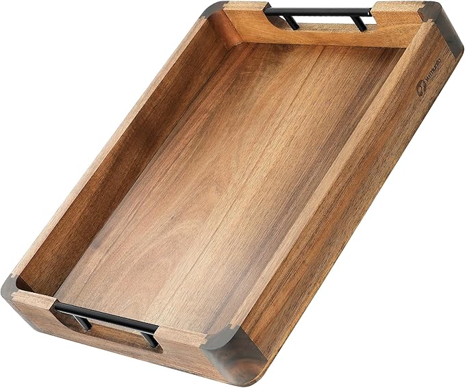 Wood Serving Tray with Handles, 17"x13" Large Decorative Ottoman Tray for Coffee Table, Walnut and Acacia Wooden Serving Trays for Party, Home Decor Rectangular Platters with 3 Silicone Mats