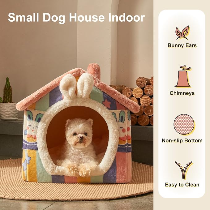 Cute Small Dog House Indoor,Foldable House Kennel Bed Mat with Cushion | L Size Tent for 11-16 lb Dogs and 18-22 lb Cats, Dog Cave Bed with Non-Slip Bottom,Rainbow,Soft Cozy Dog Cave Bed