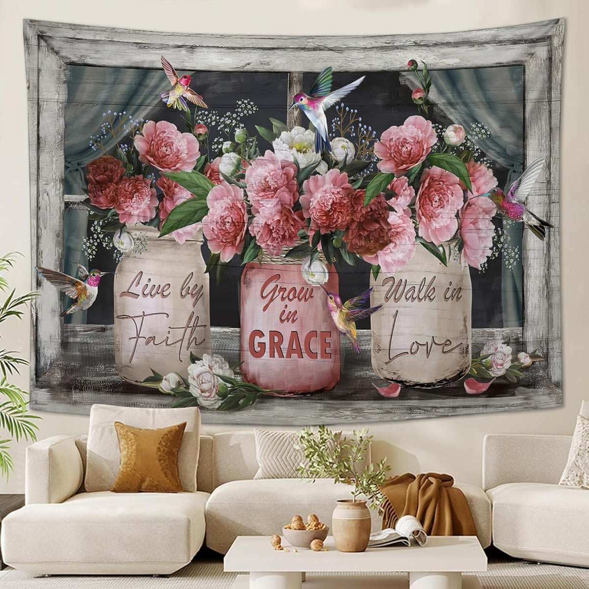 yowecso Farmhouse Rose Tapestry Peony Flower Tapestry Wall Hanging for Bedroom Floral Tapestries Aesthetic Wall Decor for Home Dorm Living Room 50"x60"
