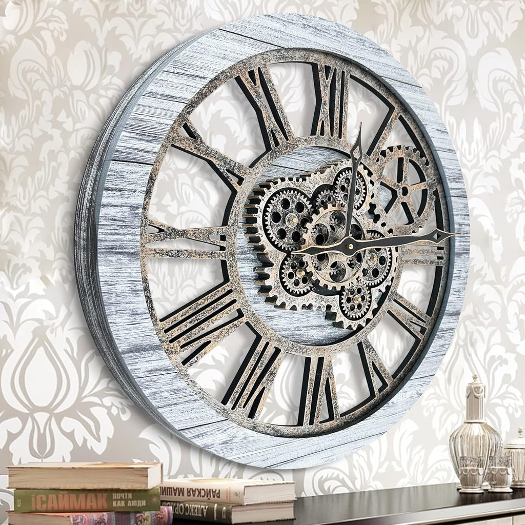 HOIBAI Wall Clock, Clocks for Living Room Decor 20 Inch Big Moving Gears Clock Farmhouse Vintage Rustic Wall Clock for Home Bedroom House Kitchen Wall Decor