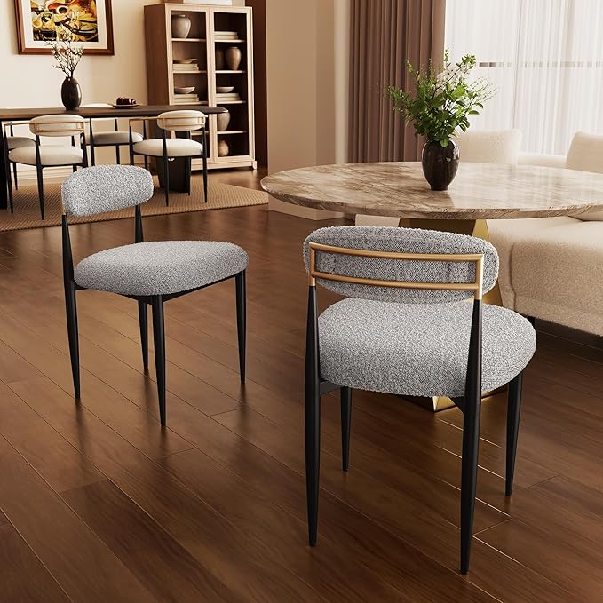 Morden Fort Modern Dining Chairs Set of 2, Boucle Upholstered Side Chairs with Open Back and Metal Frame for Dining Room, Kitchen and Apartment