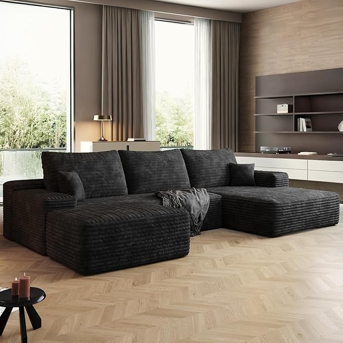 108" Sectional Couches for Living Room Modern Modular Sofa with L-Shape Couchs Upholstered Boneless Couch Deep Seat Sectional Couch with Chaise (Black, Right Facing Chaise+2Seaters+1Ottoman)