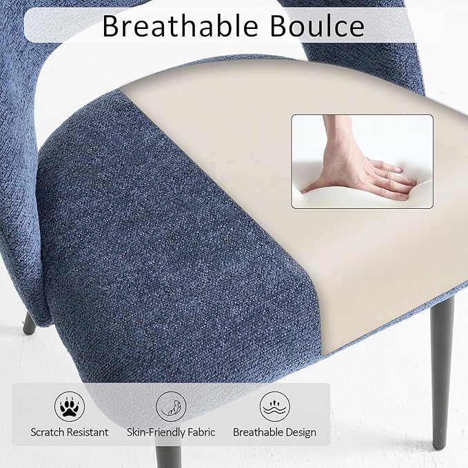 Rowill Boucle Dining Chairs Set of 6, Morden Upholstered Dining Room Kitchen Chairs with Metal Legs for Living Room, Bedroom, Restaurant, Blue