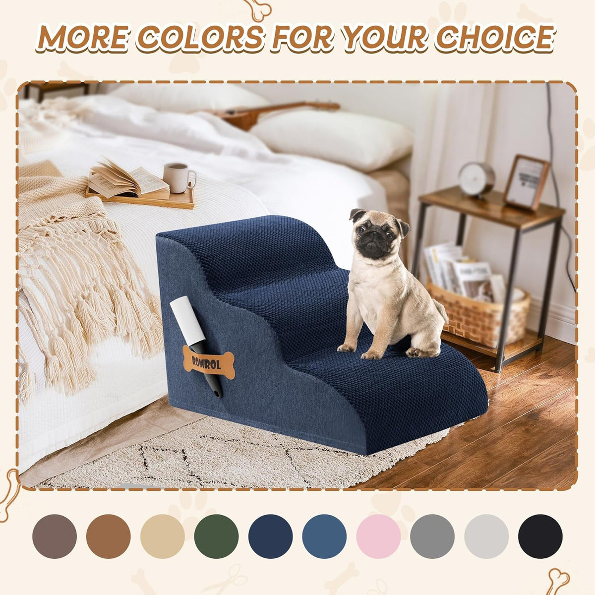 Romrol Dog Stairs Ramp for High Beds Couches, High Density Foam Pet Steps with Durable Non-Slip Waterproof Fabric Cover, Dog Stairs for Small Dogs or Cats or Pets, 3-Step,15 Inch,Navy