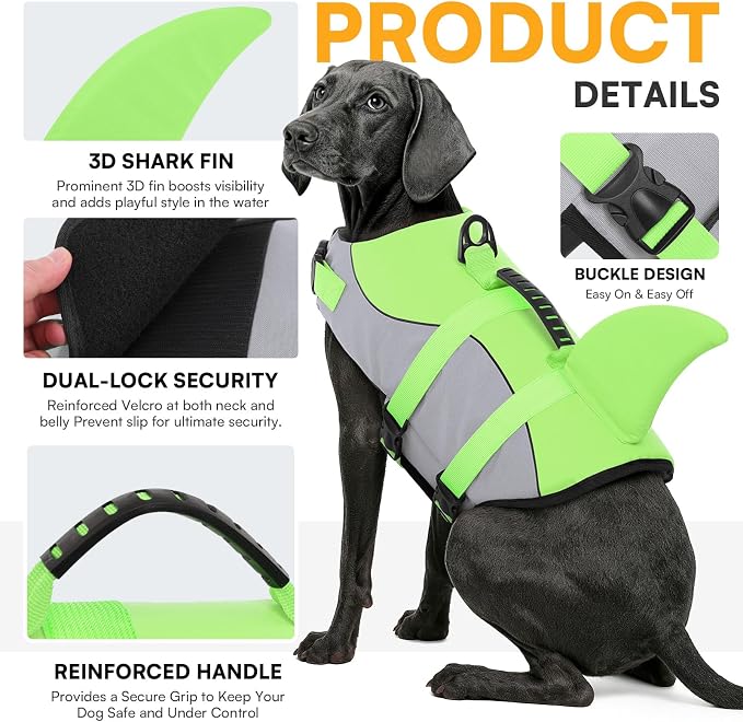 Dog Life Jacket Ripstop Shark Dog Safety Vest Adjustable Preserver with High Buoyancy and Durable Rescue Handle for Small,Medium,Large Dogs, Green Shark Large
