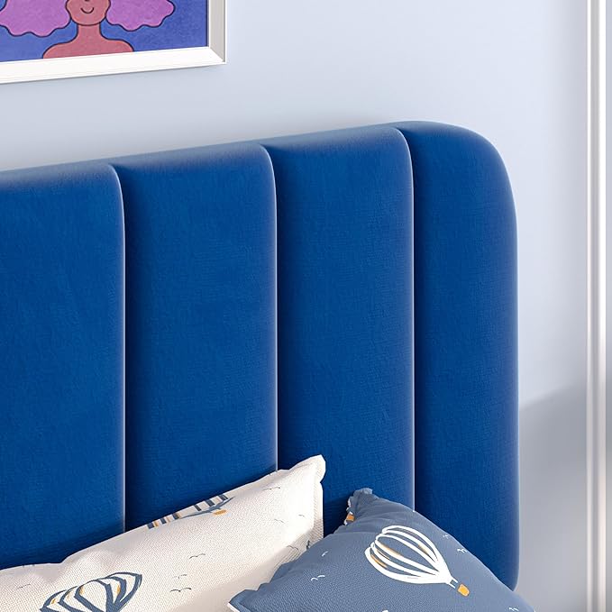VECELO Twin Size Bed Frame with Upholstered Headboard, Velvet Platform Bedframe Mattress Foundation, Strong Wood Slat Support, No Box Spring Needed,Blue