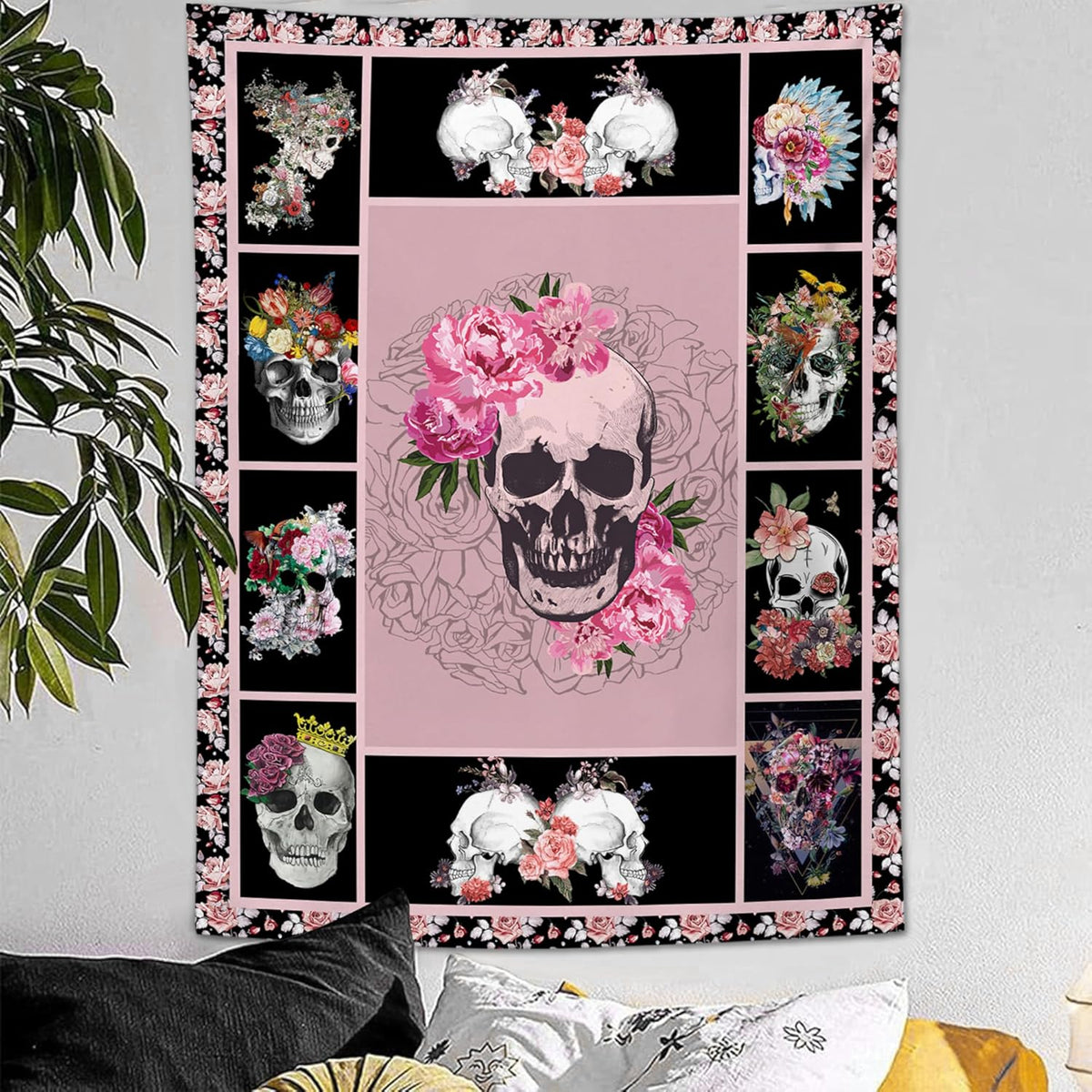 yowecso Sugar Skull Tapestry Horror Skeleton Tapestry Wall Hanging for Bedroom Rose Skull Tapestries Aesthetic Wall Decor for Home Dorm Living Room 40"x60"