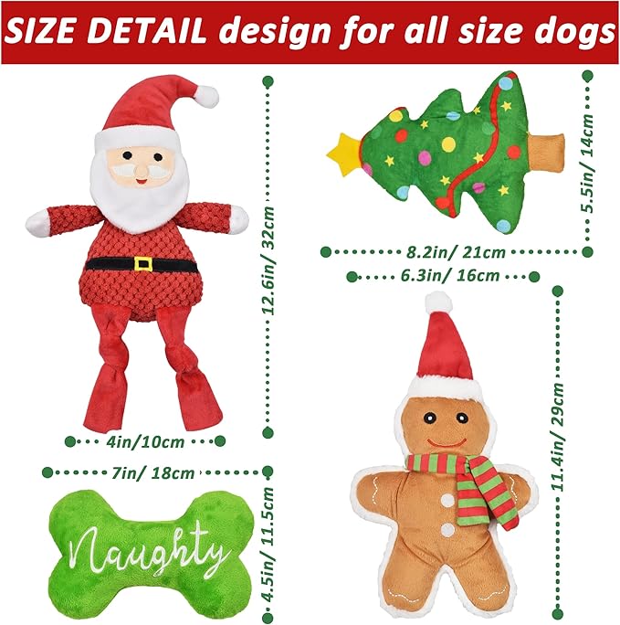 Christmas Dog Toys, 4pcs Stuffed Dog Squeaky Toys for Teething and Chewing, Tough Xmas Gift Toy Bundle Santa Toys for Small Large Dogs Puppy