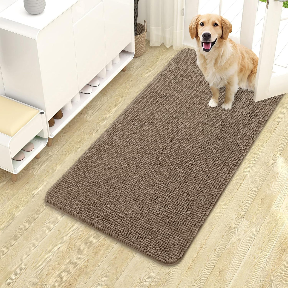 OLANLY Dog Door Mat for Muddy Paws 40x24, Absorbs Moisture and Dirt, Absorbent Non-Slip Washable Doormat, Quick Dry Chenille Mud Mat for Dogs, Entry Indoor Entryway Carpet for Inside Floor, Tan